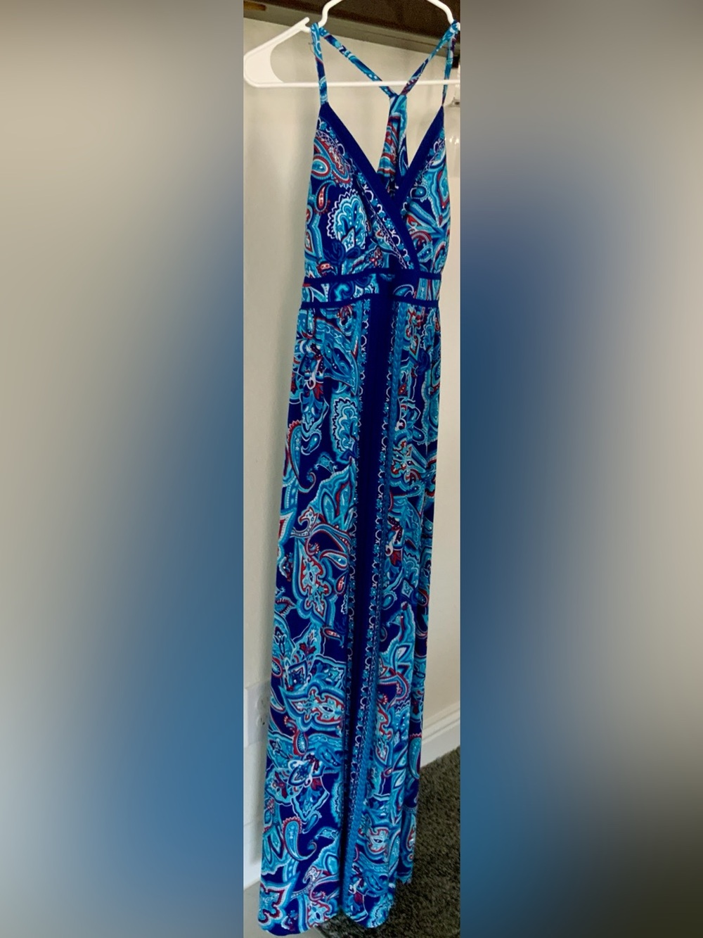 Blue Paisley Maxi Dress with V-Neck and Spaghetti Straps